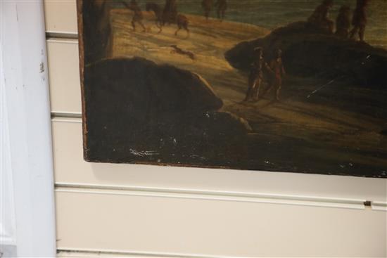 18th century Italian School Figures overlooking a harbour 27 x 22.5in., unframed